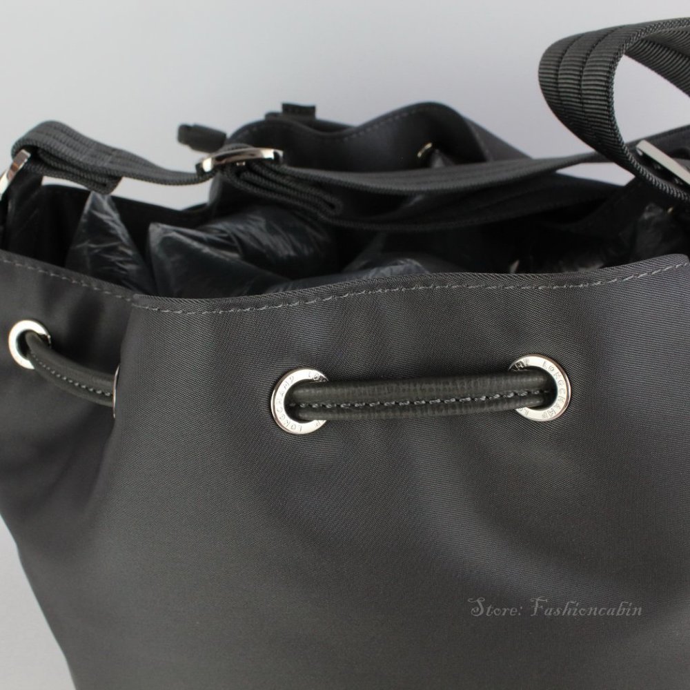 NEW LONGCHAMP Gray Eco Recycled Bucket Bag Drawstring Closure Adjustable Strap - Picture 12 of 16